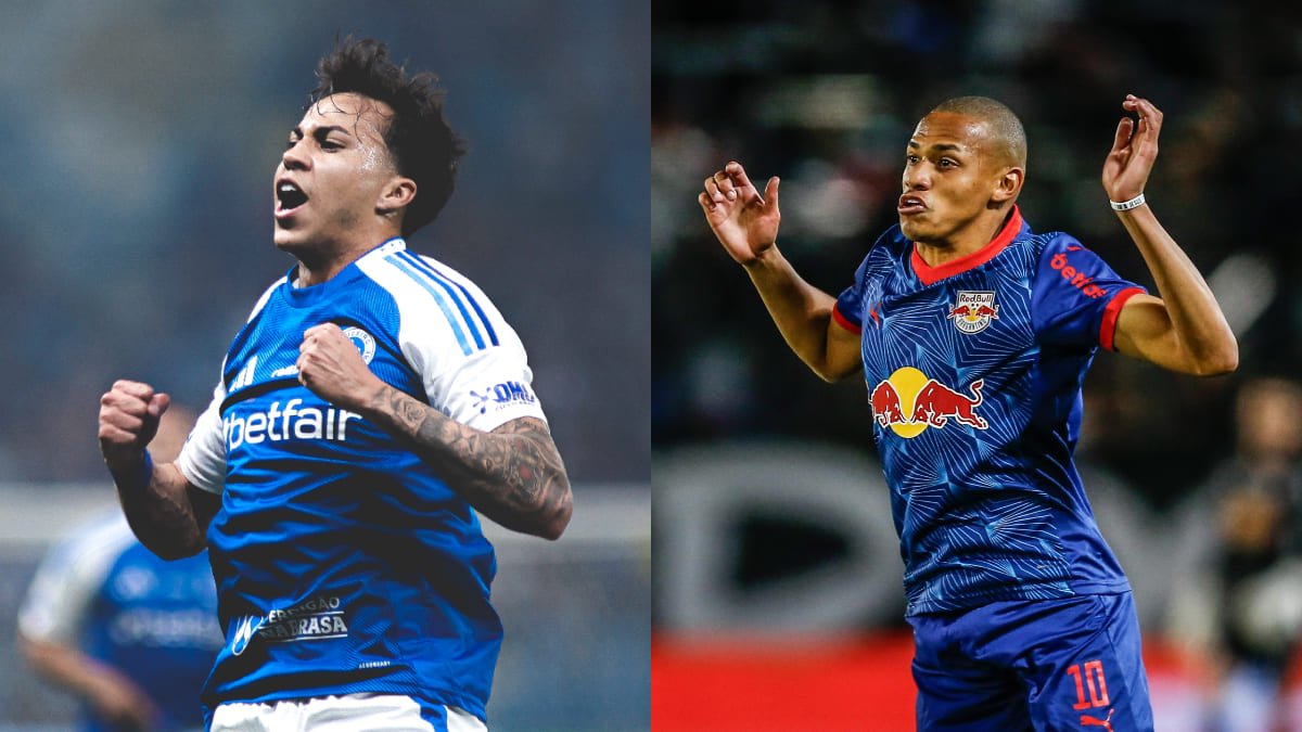 Kaio Jorge, atacante do Cruzeiro, e Jhon Jhon, atacante do Bragantino (foto: Gustavo Martins/Cruzeiro; Ari Ferreira/Bragantino)