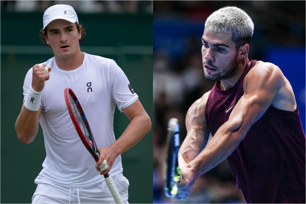 Na esquerda, o atleta Joao Fonseca comemora um ponto com punho cerrado. Na esquerda, Carlos Alcaraz com uma raquete na pão acerta uma bola de tênis (foto: Divulgação/Wimbledon e Yuichi Yamazaki/AFP)