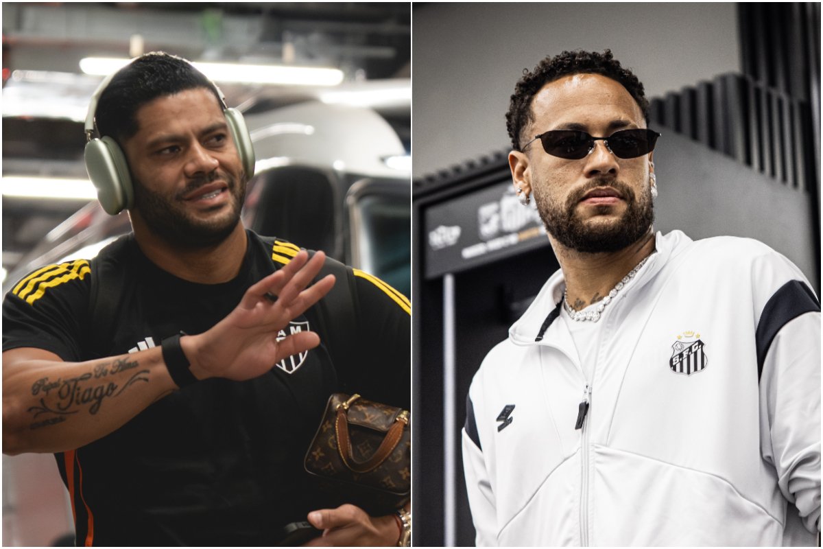 Hulk e Neymar em chegada a jogo de Atlético e Santos (foto: Pedro Souza / Atlético e Raul Baretta/ Santos FC)