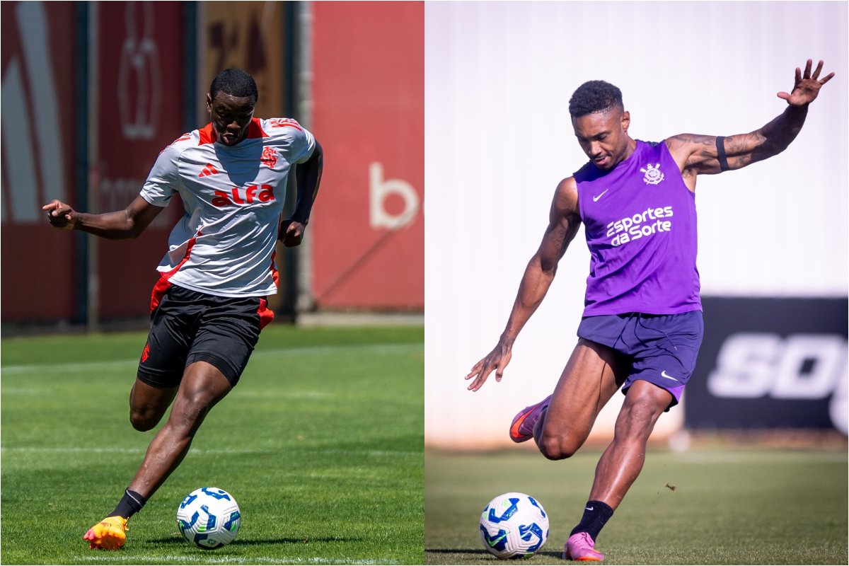 Atletas do Internacional e Corinthians treinando com a bola em seus respectivos centros de treinamento, devidamente uniformizados. (foto: Internacional/Filipe Maciel e Corinthians/Rodrigo Coca)