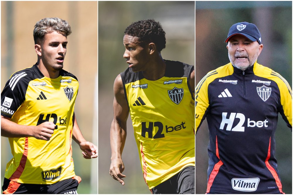 Mateus Iseppe, Gabriel Veneno e Sampaoli, do Atlético (foto: Montagem com imagens de Paulo Henrique França e Pedro Souza/Atlético)