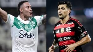 Luis Mandaca, do Juventude, e Arrascaeta, do Flamengo - Crédito: 