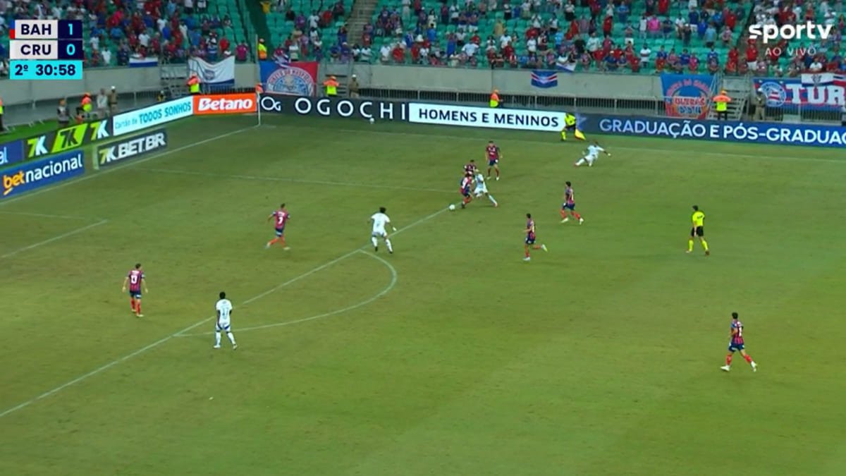 Matheus Pereira aplica caneta em Acevedo e deixa Sinisterra na boa para marcar o primeiro gol do Cruzeiro na vitória por 2 a 1 sobre o Bahia (foto: Reprodução/SporTV)