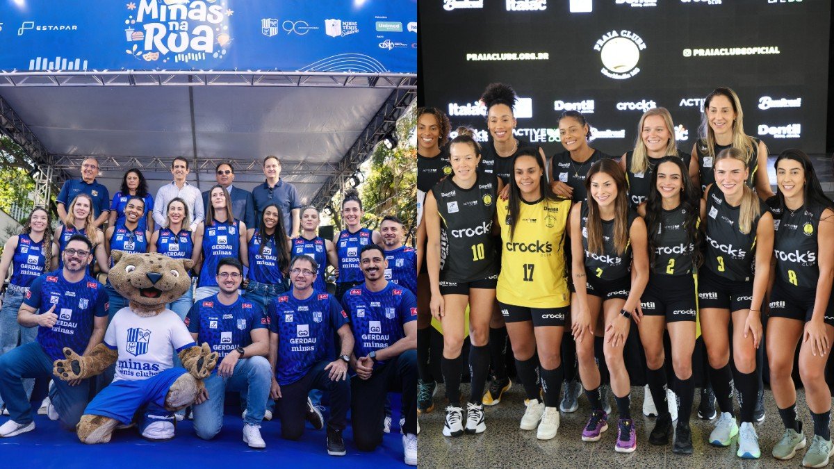 Elencos do vôlei feminino do Minas e do Praia Clube (foto: Hedgard Moraes/MTC e Bruno Sousa/Praia Clube)