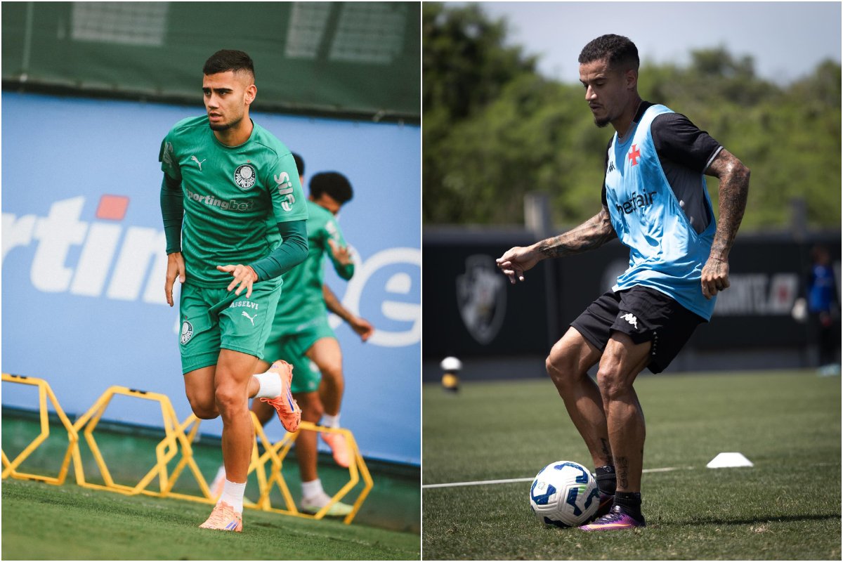 Andreas Pereira na esquerda e Philippe Coutinho na direita. Ambos treinando em campo aberto (foto: Werner Flister/Palmeiras e Matheus Lima/Vasco)