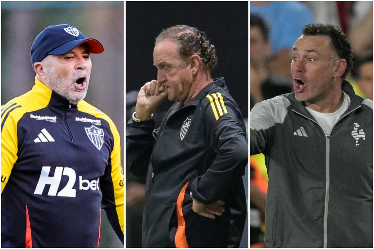Sampaoli, Cuca e Milito foram os últimos técnicos do Atlético (foto: Pedro Souza/Atlético, DOUGLAS MAGNO / AFP e JUAN MABROMATA / AFP)