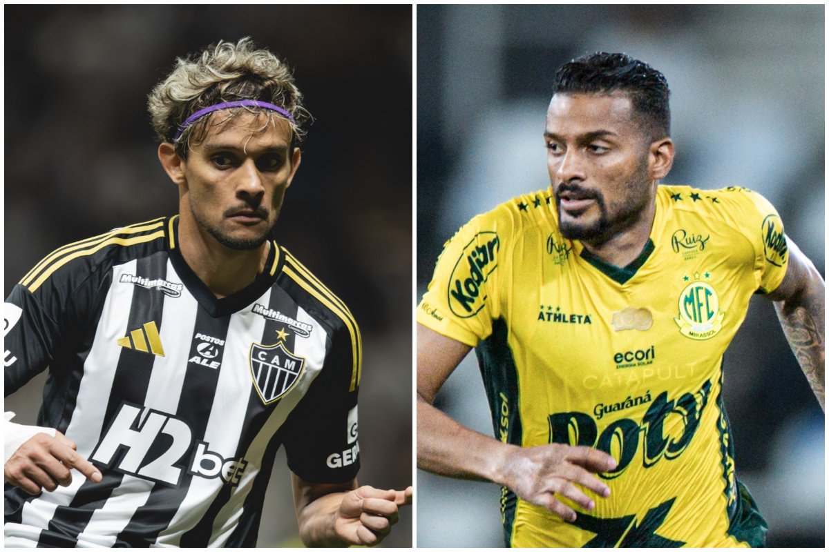 Gustavo Scarpa, meia do Atlético, e Reinaldo, lateral-esquerdo do Mirassol (foto: Pedro Souza/Atlético e Pedro Zacchi/Mirassol)