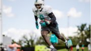Atleta de futebol americano do Dolphins treinando com bola em campo aberto (foto: Divulgação/Miami Dolphins)