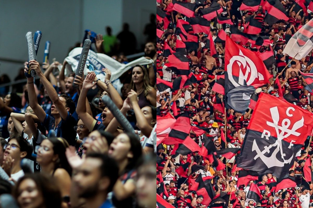 Torcida do Minas, na Arena UniBH, e torcida do Flamengo, no Maracanã (foto: Hedgard Moraes/Minas Tênis Clube---Paula Reis/Flamengo)