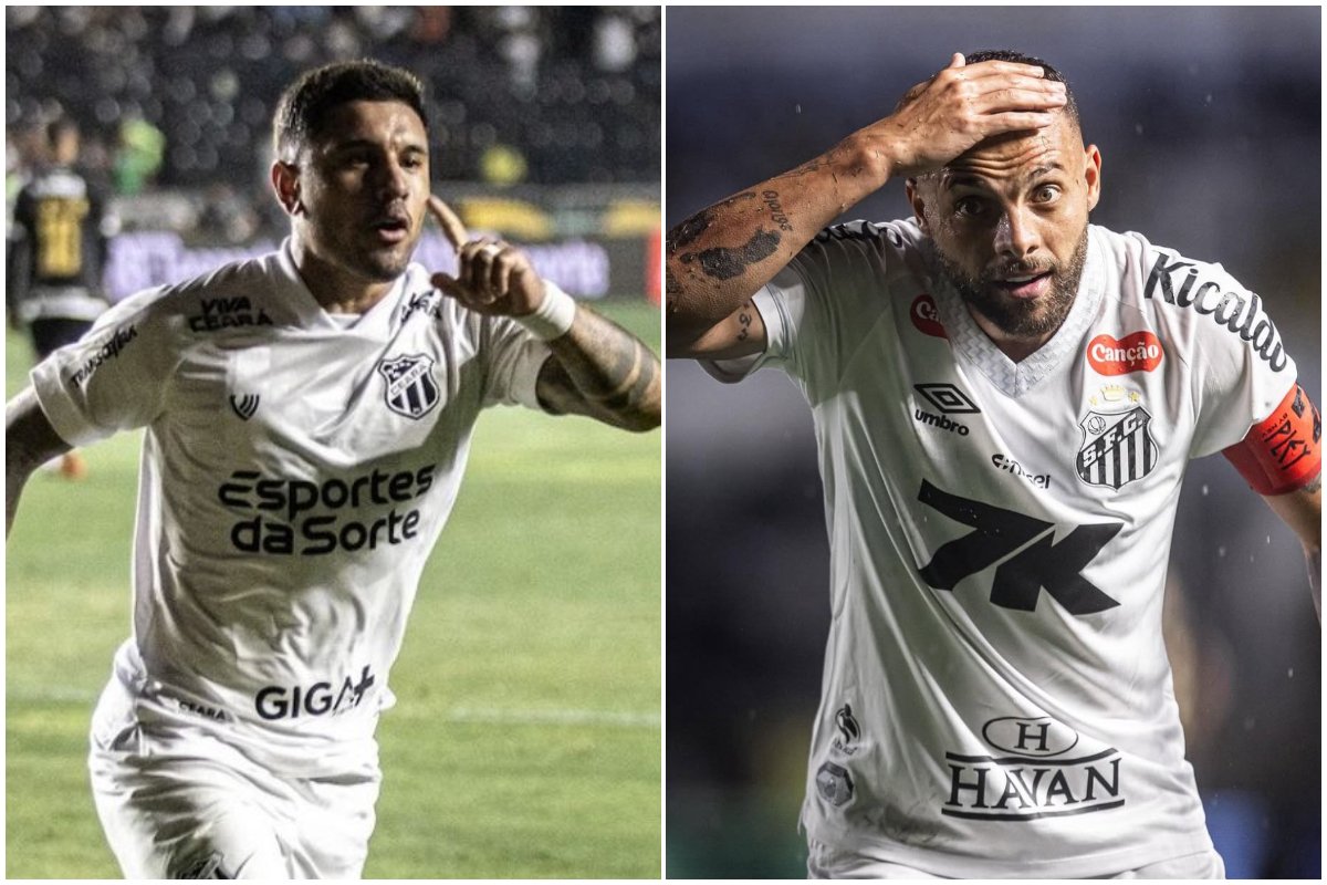 Jogadores de Ceará e Santos durante comemoração (foto: Divulgação/Ceará e Raul Baretta/Santos)