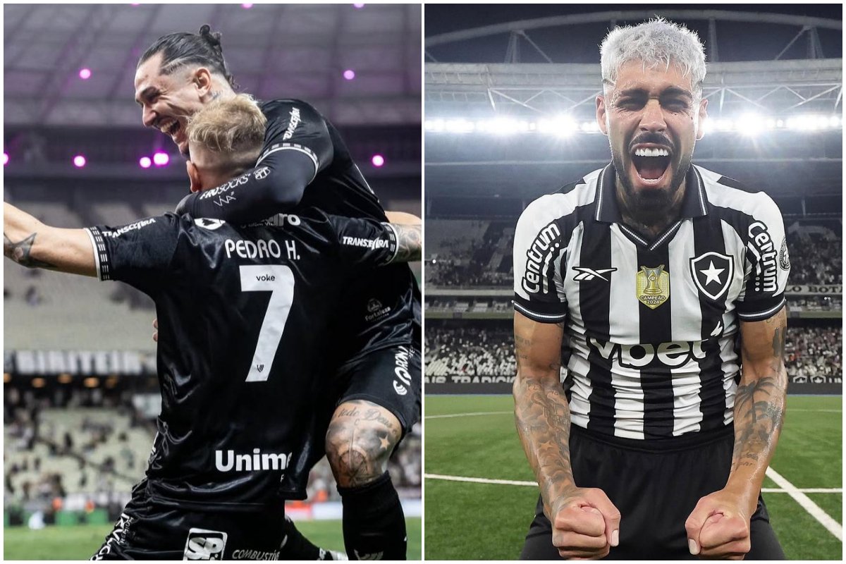 quipes do Ceará e Botafogo reunidas em campo (foto: Gabriel Silva/Ceará e Vítor Silva/Botafogo)