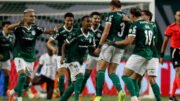 Jogadores do Palmeiras comemoram gol contra a LDU pela Libertadores (foto: MIGUEL SCHINCARIOL/AFP)