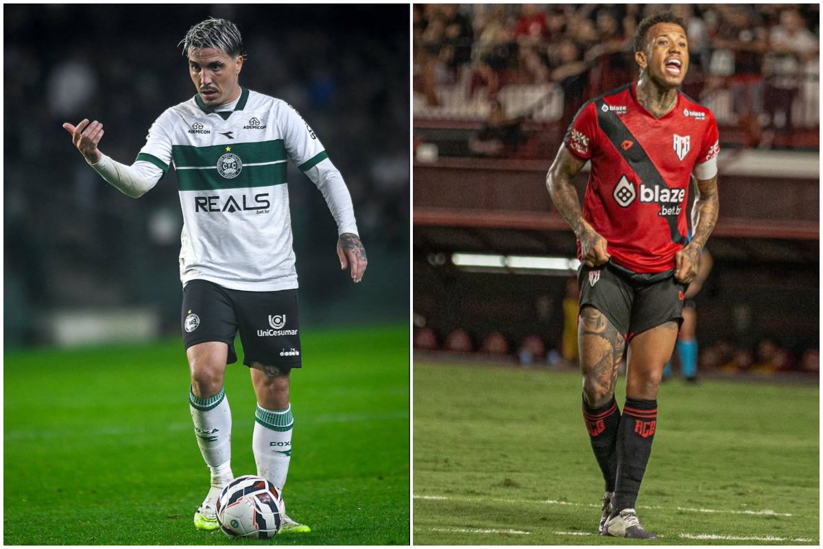 Jogadores do Coritiba e Atlético Goianiense durante treino (foto: Gustavo Oliveira/Coritiba e Bruno Corsino/Atlético Goianiense)