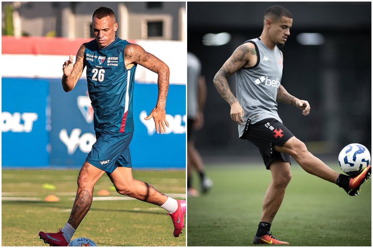 Jogador do Fortaleza e do Vasco durante treino (foto: Divulgação/Breno Lopes e Matheus Lima/Vasco)