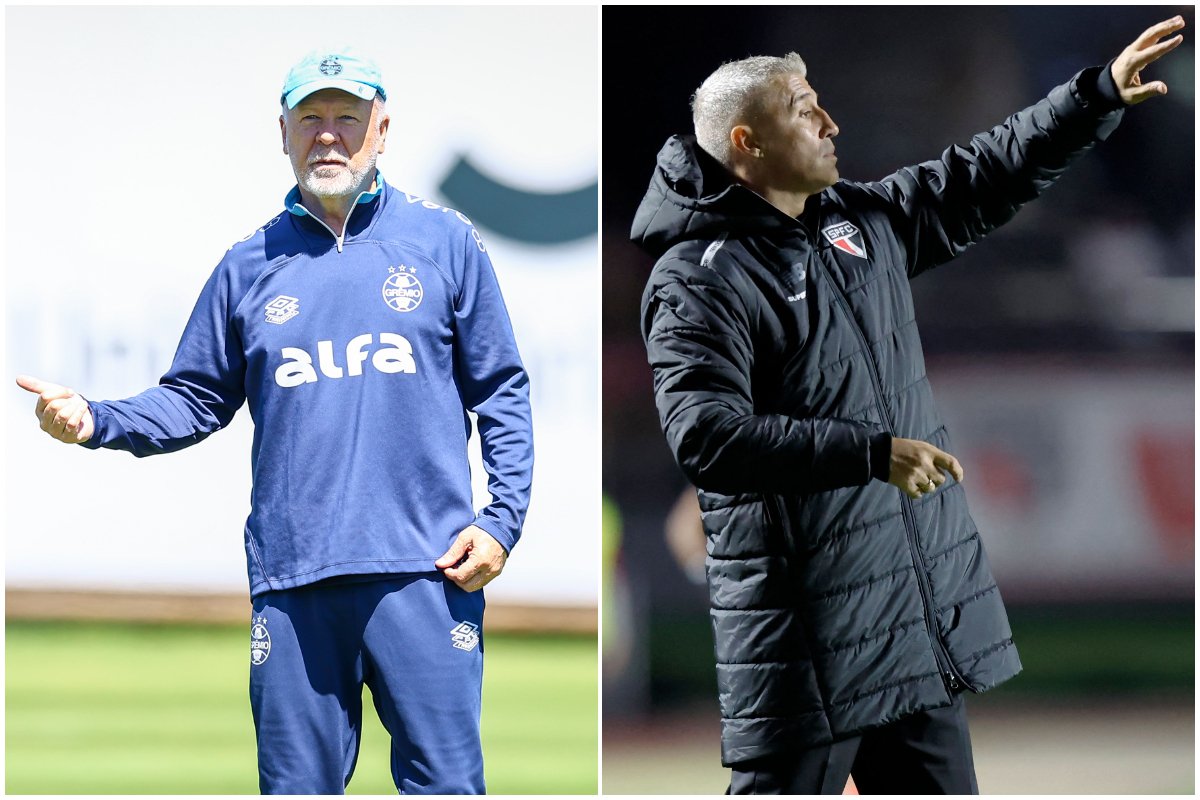 Técnico do Grêmio e do São Paulo em campo (foto: Lucas Uebel/Grêmio e Miguel Schincariol/ AFP)