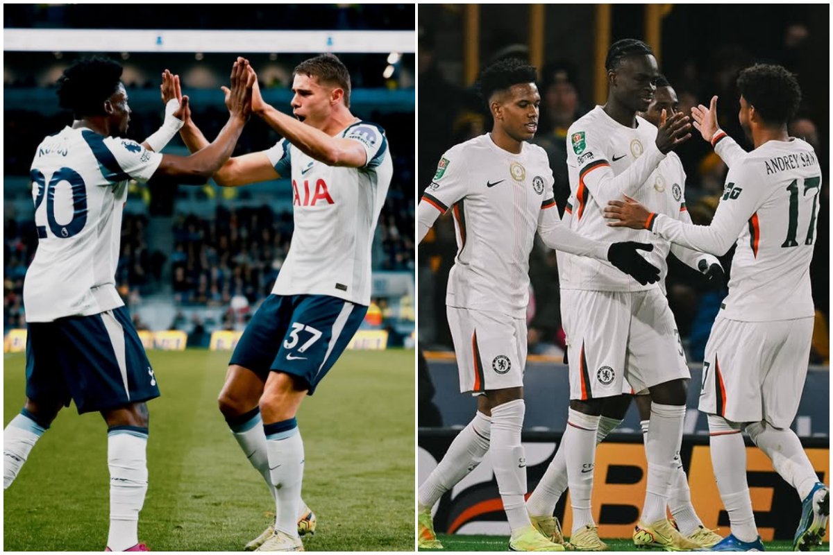 Jogadores de Tottenham e Chelsea durante partida (foto: Divulgação/Tottenham e Divulgação/Chelsea)