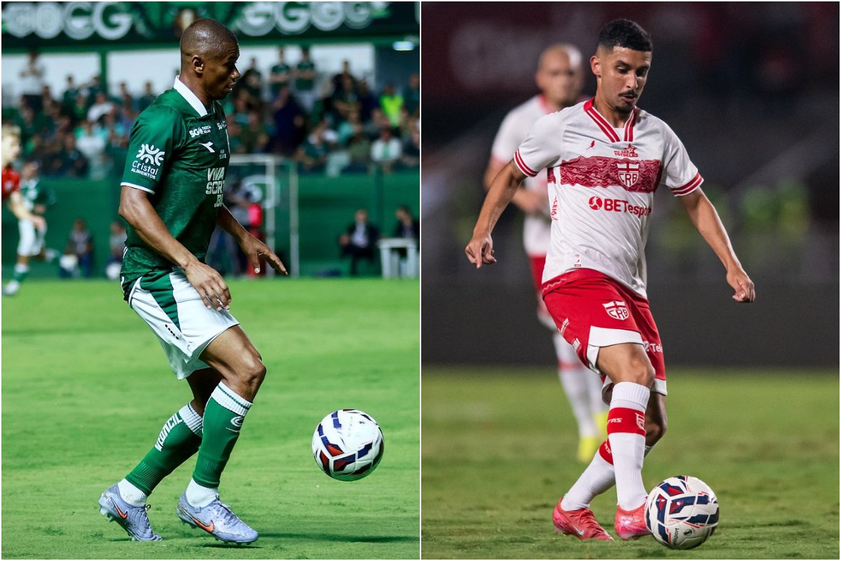 Na esquerda, atleta do Goiás. Na direita, atleta do CRB. Ambos correm com a bola em partida por seus respectivos clubes. (foto: Divulgação/Goiás e Francisco Cedrim/CRB)
