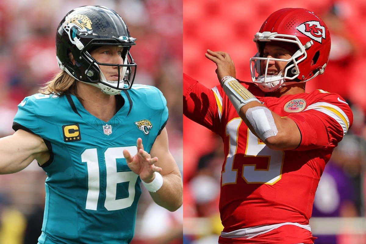 Trevor Lawrence e Patrick Mahomes, jogadores dos Jaguars e Chiefs, respectivamente (foto: EZRA SHAW/AFP e DAVID EULITT/AFP)