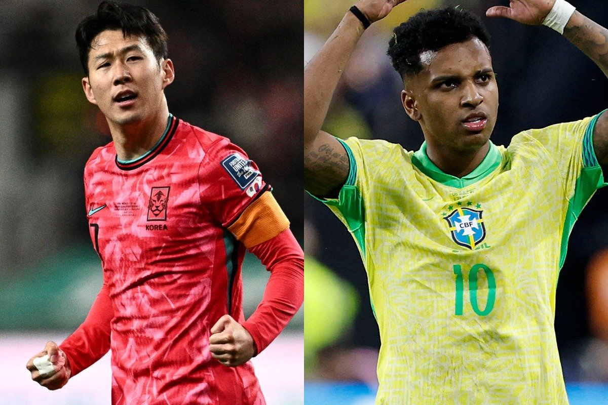 Son e Rodrygo, atacantes de Coreia do Sul e Brasil, respectivamente (foto: ANTHONY WALLACE/ AFP (21/3/2024 ) e KEVORK DJANSEZIAN/AFP ( 06/7/2024))