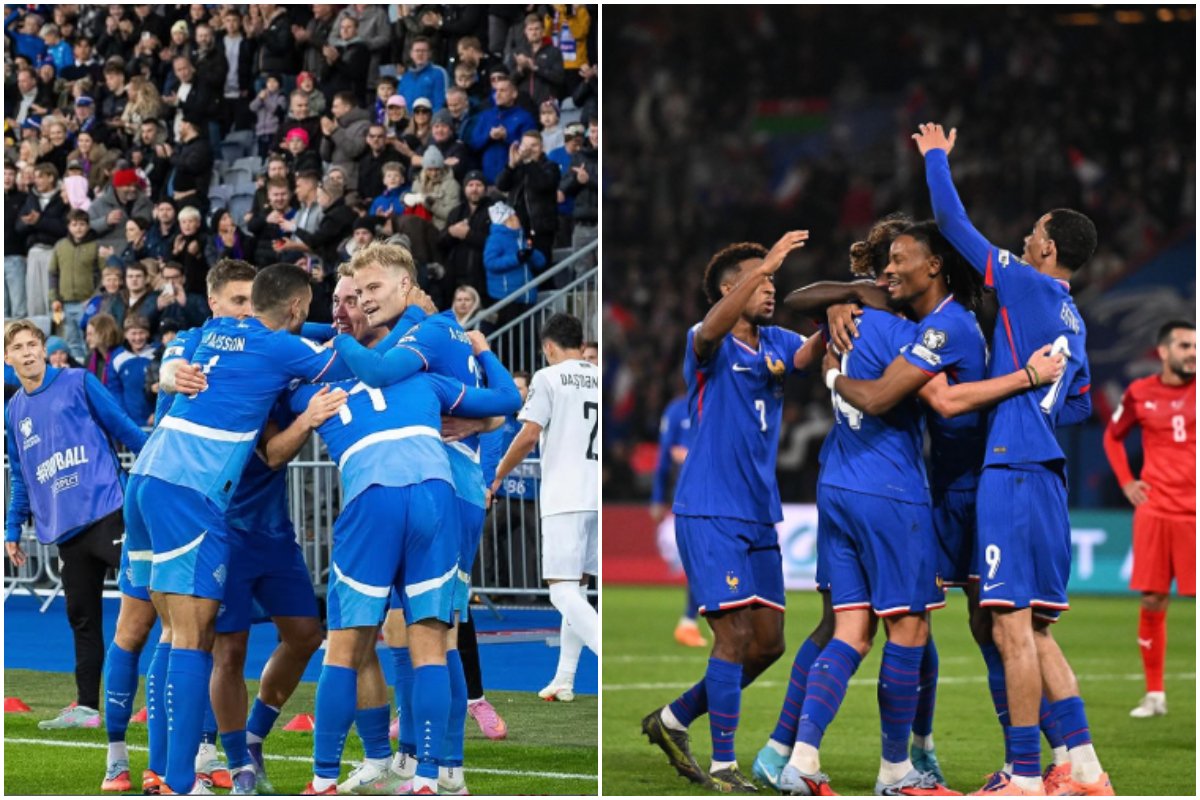 Atletas da Seleção da Islândia comemorando em campo na esquerda e atletas da Seleção da França fazendo o mesmo na direita. (foto: Digulgação/Islândia e Divulgação/França)