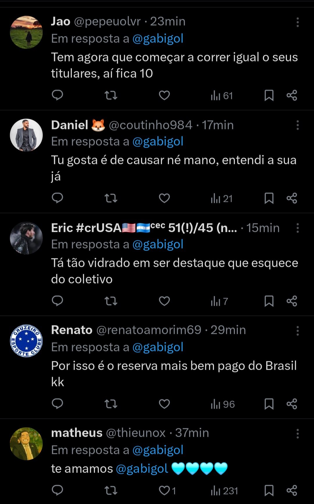 Torcedores do Cruzeiro reagem a postagem de Gabigol