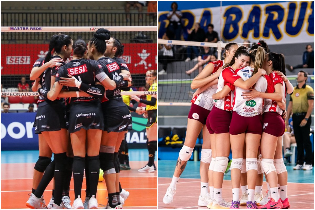 Atletas do Bauru e Barueri comemorando com suas respectivas equipes (foto: Felipe Wiira/Bauru e Fernanda Georges/Barueri)