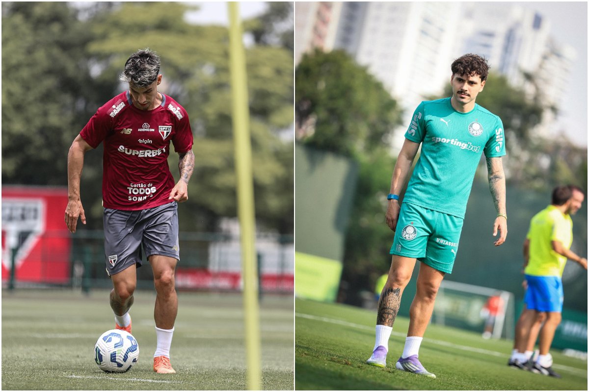 Atletas do São Paulo e do Palmeiras treinando em campo aberto pelos seus clubes (foto: Erico Leonan/São Paulo e Werner Flister/Palmeiras)