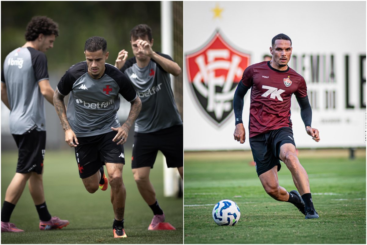 Atletas do Vasco e do Vitória treinando em campo aberto (foto: Matheus Lima/Vasco e Victor Ferreira/Vitória)