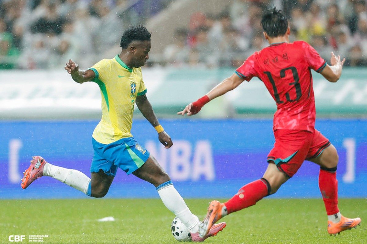 Vinicius Júnior marcou um gol na vitória sobre a Coreia do Sul por 5 a 0 (foto: @rafaelribeirorio / CBF)