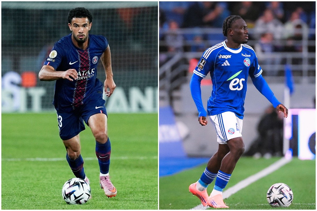 Jogadores conduzem bola durante partida de futebol (foto: Divulgação/PSG e Divulgação/Strasbourg)