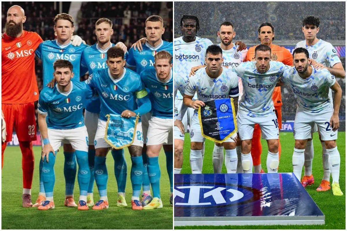 Jogadores do Napoli e Inter posam para foto (foto: Divulgação/Napoli e Divulgação/Inter)