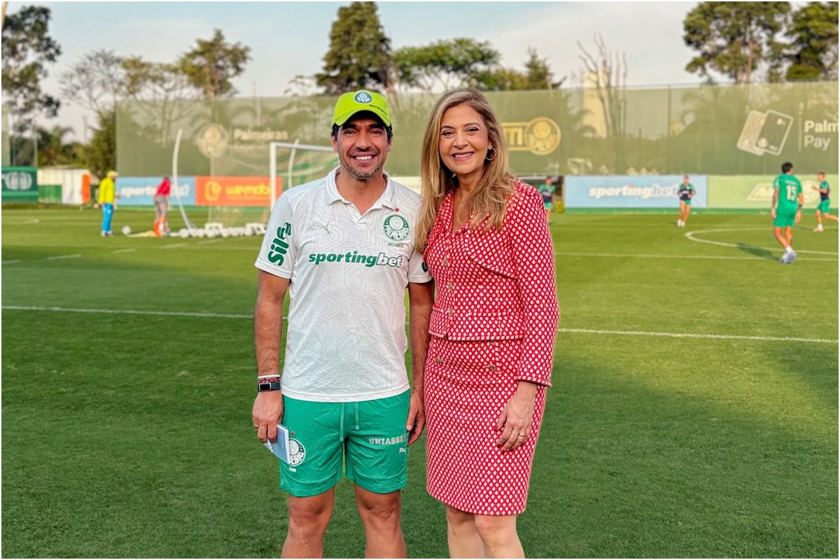 Abel Ferreira e Leila Pereira posando para a foto em campo aberto (foto: Divulgação/Leila Pereira)