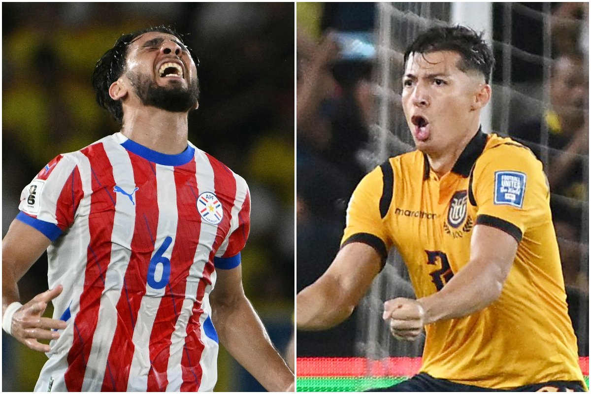 Junior Alonso e Alan Franco, jogadores do Atlético, em ação por Paraguai e Equador, respectivamente (foto: Montagem com imagens de Luis Acosta/AFP e Marcos Pin/AFP)