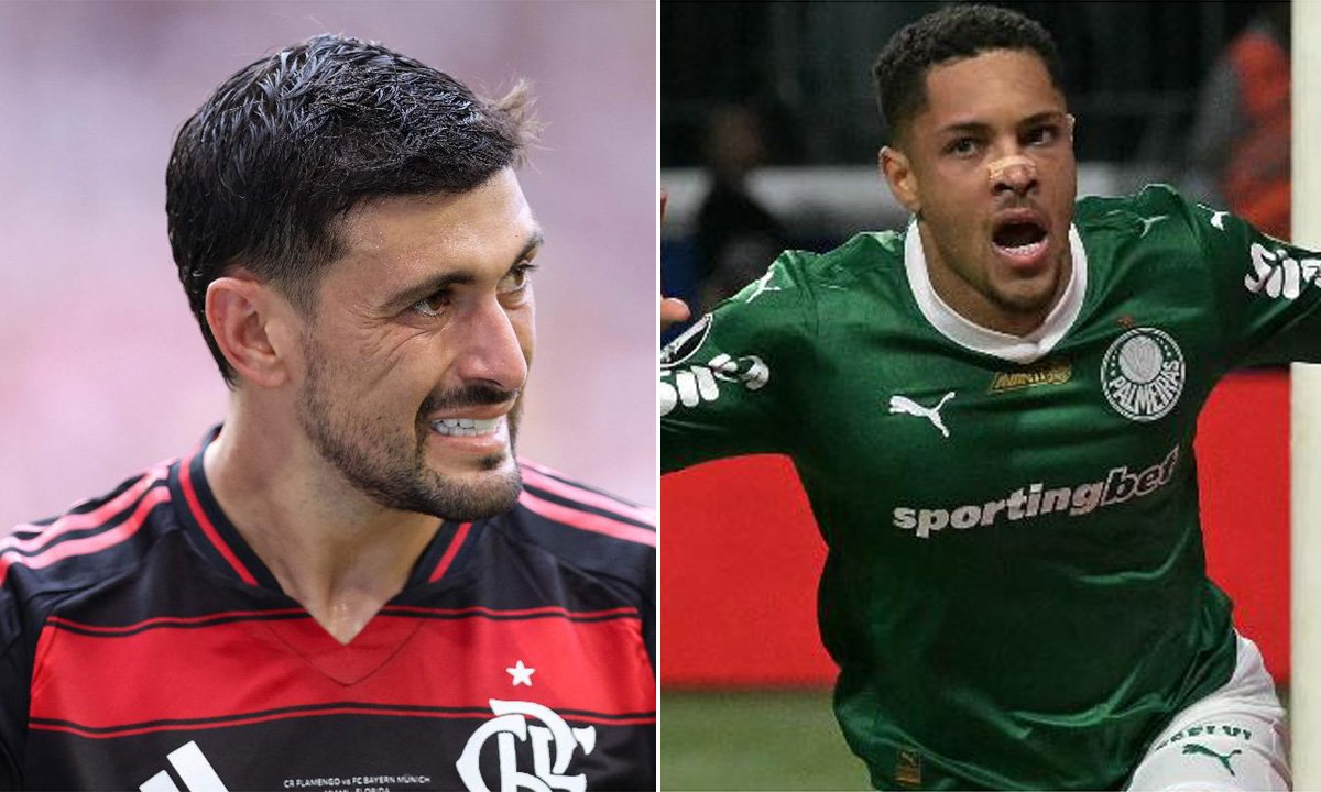 Arrascaeta (Flamengo) e Vitor Roque (Palmeiras) (foto: Megan Briggs/Getty Images/AFP e Nelson Almeida/AFP)