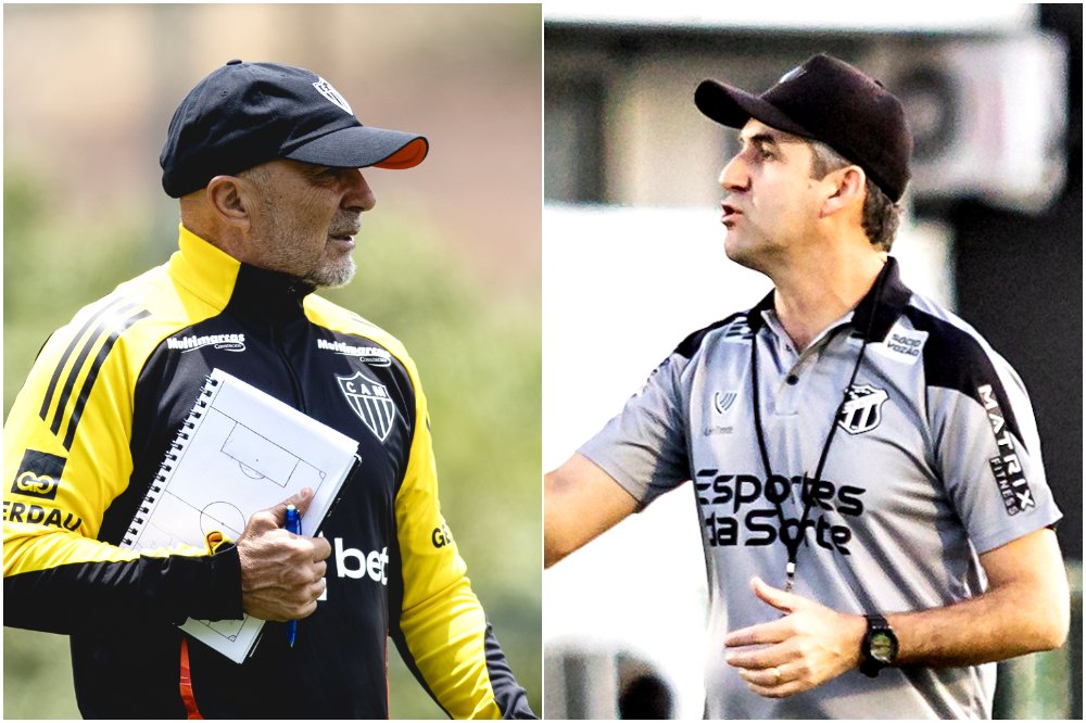 Técnicos Jorge Sampaoli, do Atlético, e Léo Condé, do Ceará (foto: Montagem com imagens de Pedro Souza/Atlético e Gabriel Silva/Ceará)