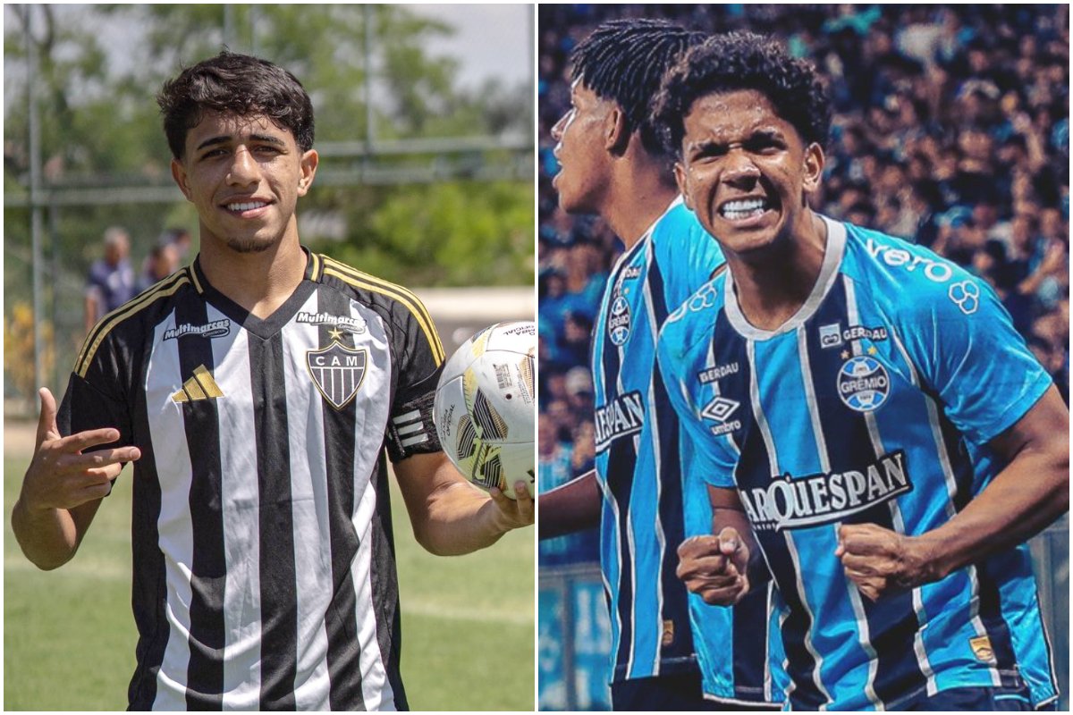Atlético tenta reverter grande vantagem do Grêmio na final do Campeonato Brasileiro Sub-17 (foto: Montagem com imagens de Reprodução/X/GaloNaBase e Reprodução/X/Gremio)