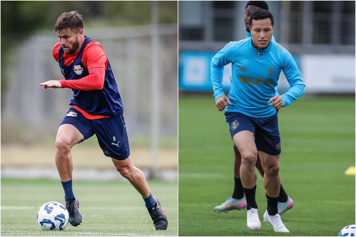 Na esquerda, atleta do Bragantino. Na direita, atleta do Grêmio. Ambos treinam em campo aberto pelos seus respectivos clubes. (foto: e Lucas Uebel/Grêmio)