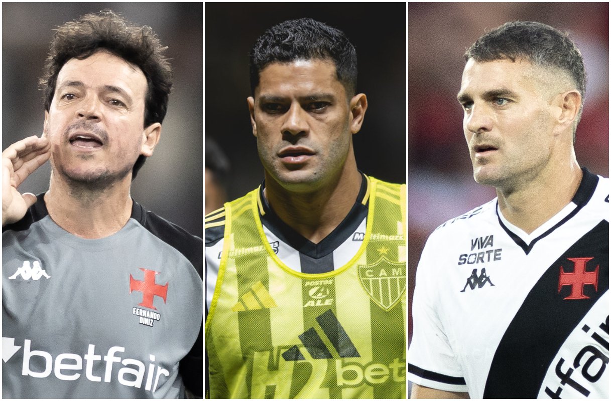 Fernando Diniz, técnico do Vasco; Hulk, atacante do Atlético, e Pablo Vegetti, atacante do Vasco (foto: Montagem com imagens de Matheus Lima/Vasco (2) e Pedro Souza/Atlético)