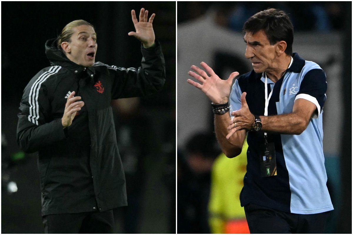 Filipe Luís e Gustavo Costas (foto: Juan Mabromata/AFP e Luis Robayo/AFP)