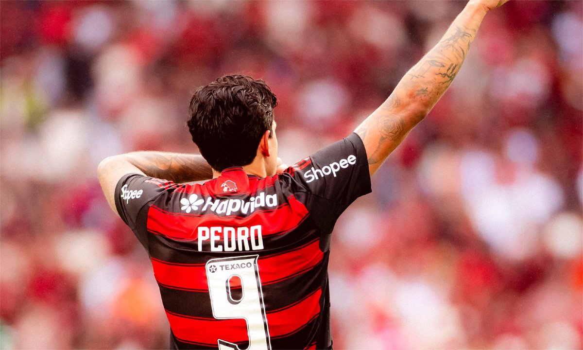 Pedro celebra terceiro gol do Flamengo contra o Palmeiras (foto: Gilvan de Souza/Flamengo)