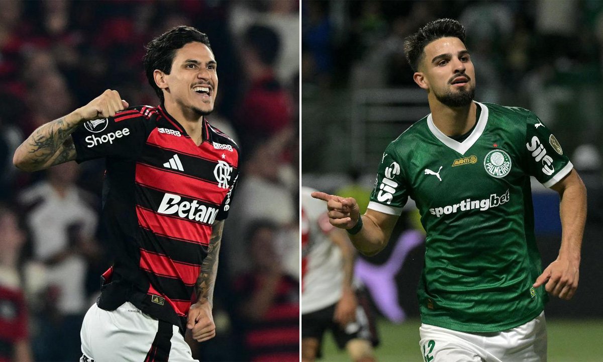 Pedro (Flamengo) e Flaco López (Palmeiras) (foto: Pablo Porciuncula e Nelson Almeida/AFP)