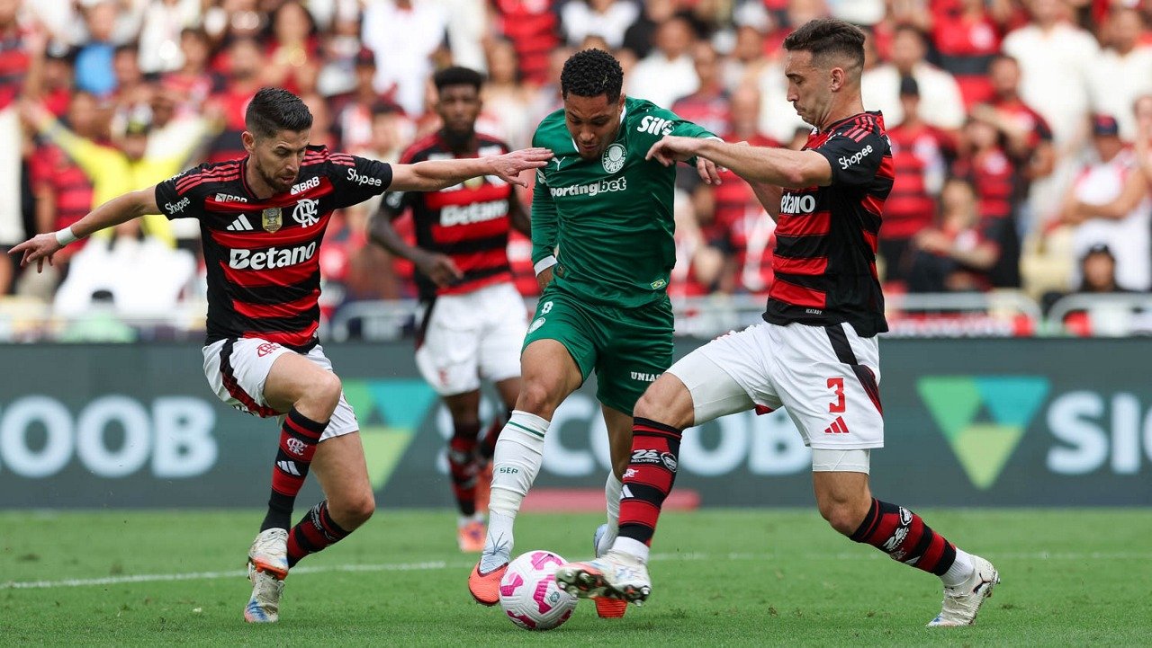 Disputa de bola em Flamengo x Palmeiras (foto: Cesar Greco/Palmeiras)