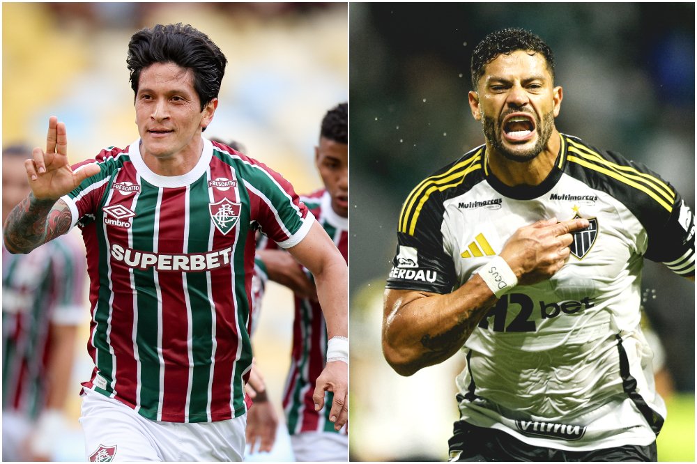 Germán Cano (à esquerda) e Hulk (à direita), atacantes e artilheiros de Fluminense e Altético, respectivamente (foto: Montagem com imagens de Marcelo Gonçalves/Fluminense e Pedro Souza/Atlético)
