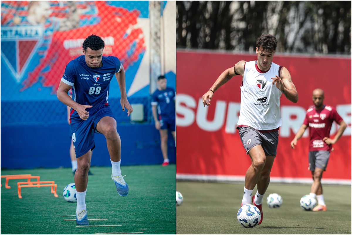 Na esquerda, atleta do Fortazela. Na direita, atleta do São Paulo. Ambos treinam em campo aberto pelos seus respectivos clubes. (foto: Mateus Lotif/Fortaleza e Erico Leonan/São Paulo)