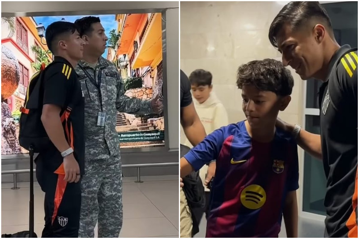 Franco é tietado em chegada do Atlético ao Equador (foto: Reprodução/GaloTV)