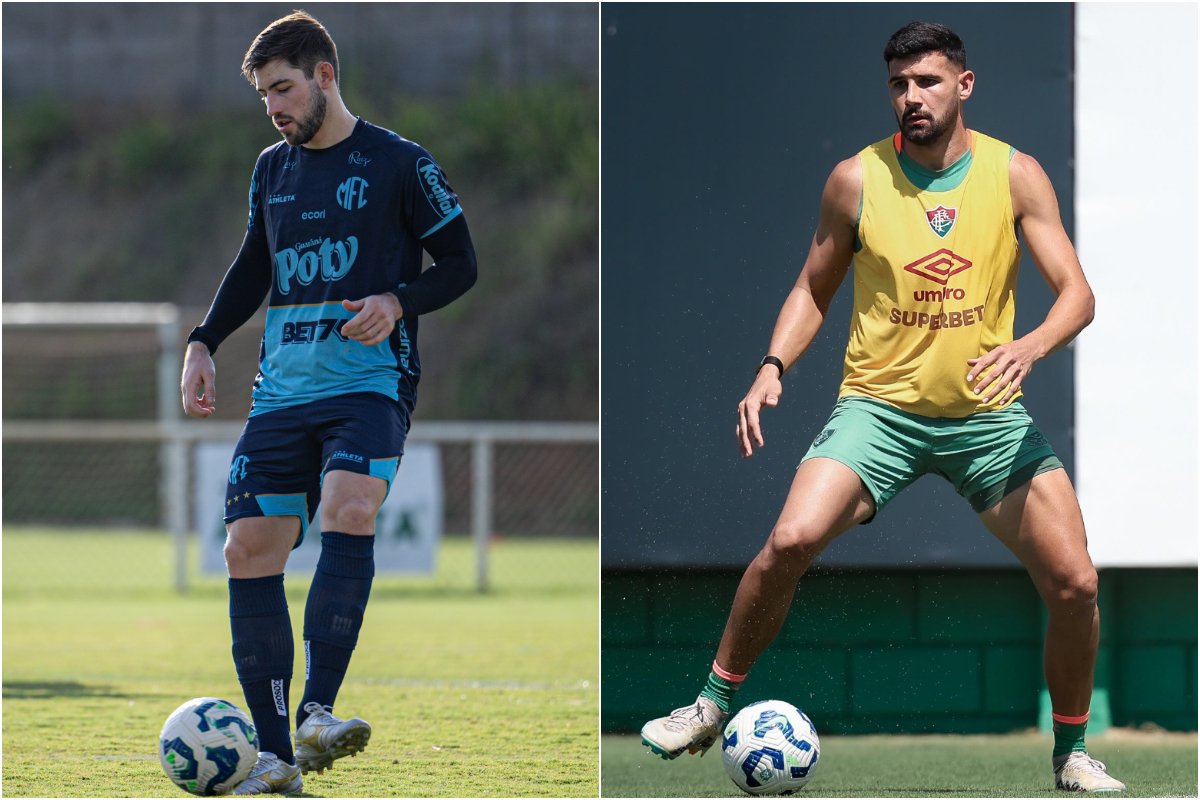 Na esquerda, atleta do Mirassol. Na direita, atleta do Fluminense. Ambos treinam com uniformes dos seus respectivos clubes (foto: JP Pinheiro/Mirassol e Marcelo Gonçalves /Fluminense)