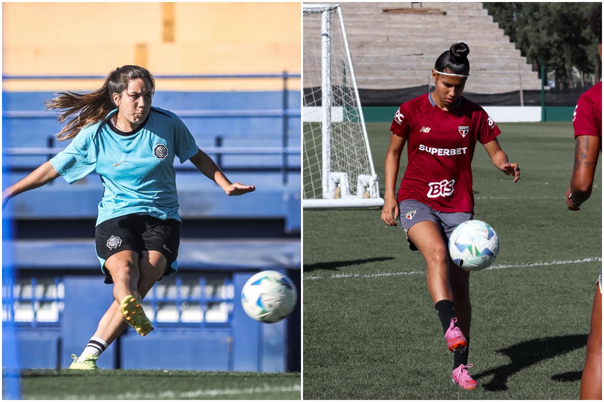 Atletas do Olimpia, na esquerda, e São Paulo, na direita, treinando em campo aberto (foto: Divulgação/Olimpia e Aline Fiuza/São Paulo)