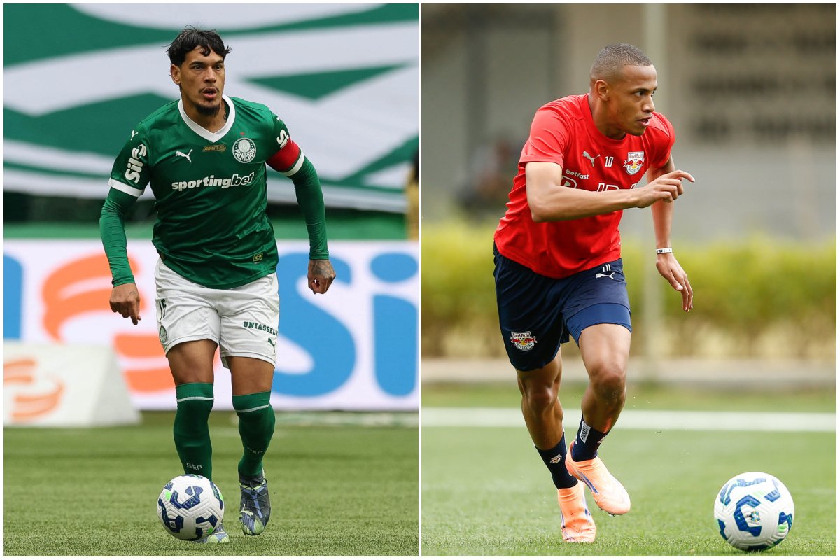 Atletas do Palmeiras e Bragantino em treino pelos seus respectivos clubes (foto: Cesar Greco/Palmeiras e Ari Ferreira/Bragantino)