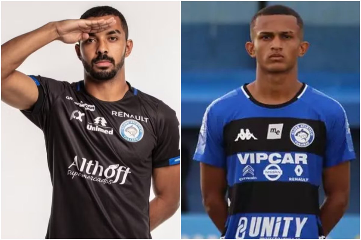 Paulo Henrique e Wesley com a camisa do Atlético Tubarão (foto: Divulgação/Atlético Tubarão-SC)
