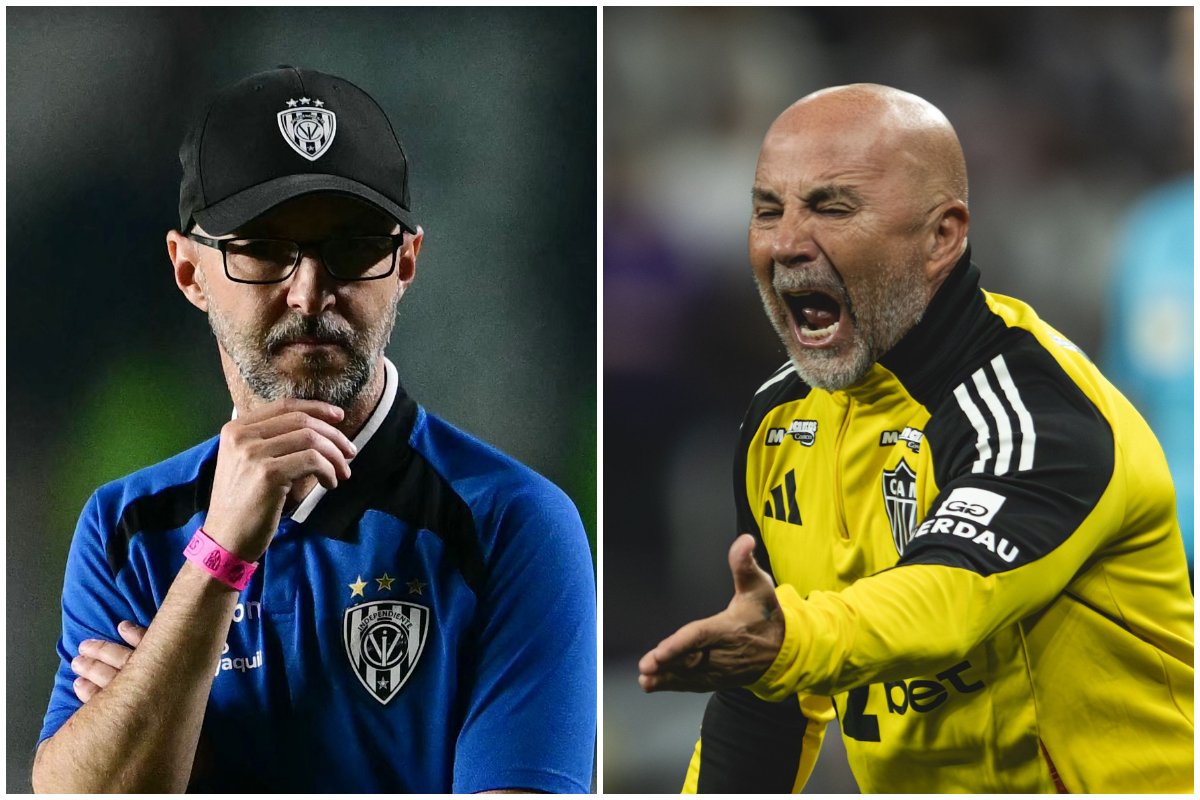 Javier Rabanal, técnico do del Valle, e Jorge Sampaoli, técnico do Atlético (foto: Pablo PORCIUNCULA / AFP e Pedro Souza/Atlético)